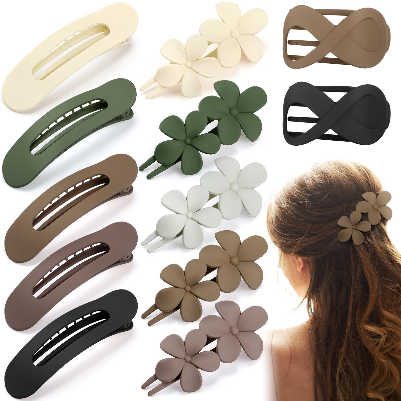 Photo 1 of 12 Pcs Flat Hair Clips for Women, French Concord Flat Claw Clips for Women, 3 Styles Matte Hair Clips for Thin Thick Hair