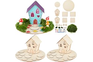 Kathfly 2 Sets Wooden Fairy House Craft Kit, Fairy Garden Kit with Paints & Decorations, Unpainted Miniature Accessories for Home Event Party Decor, Arts Crafts Birthday Gift