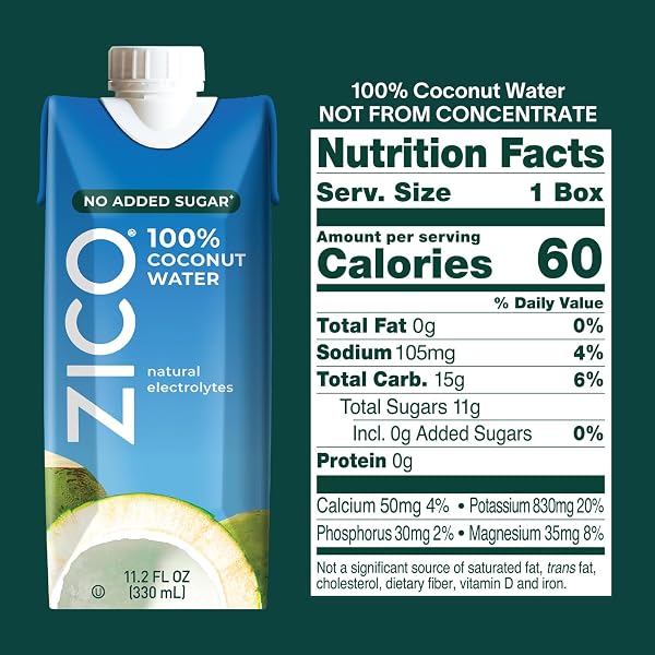 ZICO 100% COCONUT WATER, NO ADDED SUGAR, REFRESHINGLY DELICIOUS, HYDRATION WITH ELECTROLYTES, 11.2 FL OZ (PACK OF 12)