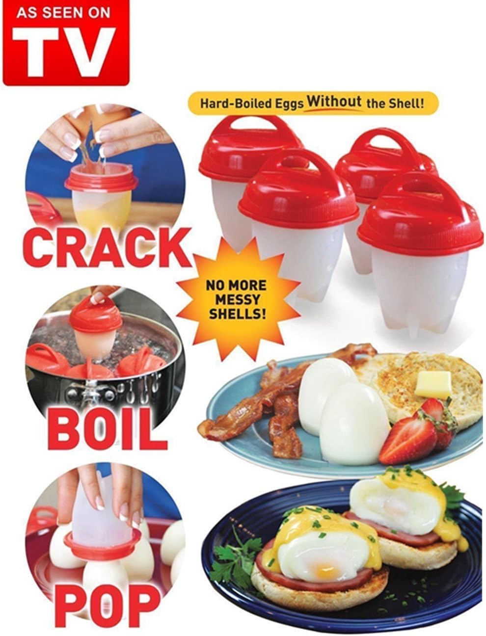 Egg Cooker - 6 Pieces Egg Cooking Molds Hard Boiled Eggs without Shell (Red)