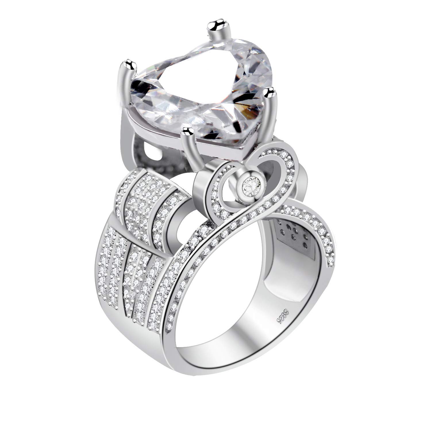 Uloveido White Gold Plated Cubic Zirconia Crystal Cocktail Statement Promise Love Heart Solitaire Accent Fashion Ring for Women Wedding Anniversary (Size L) Y429