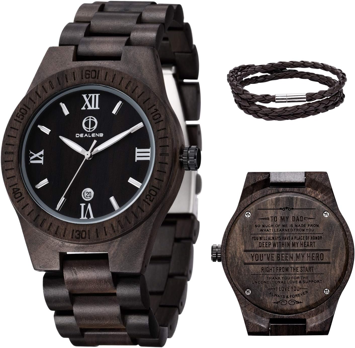 Engraved Watches for Men,Handmade Personalized Engraved Wooden Watch Lightweight Quartz Wood Watch with Date Display Customized Mens Wooden Watches for Dad/Son