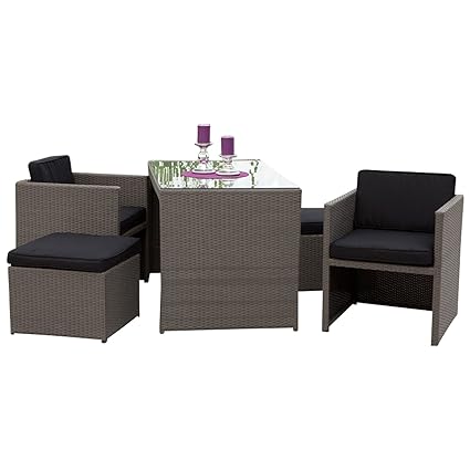 Balkonset MERANO 11-teilig, Stahl + Polyrattan grau-natur mit Polstern