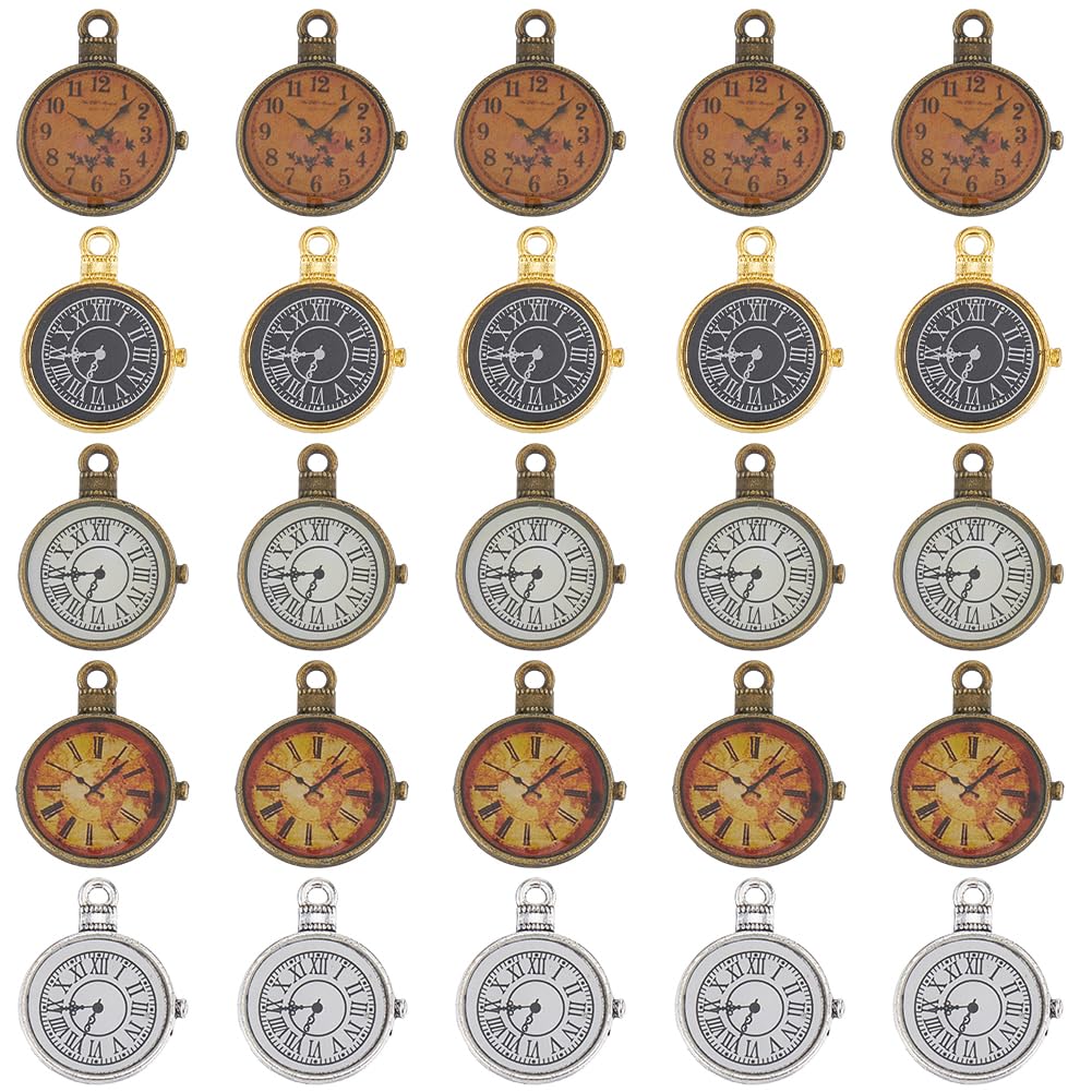 SUNNYCLUE 1BOX 30PCS Enamel Clock Face Charms Vintage Clock Charms Metal Alloy Silver Golden Bronze Steampunk Punk Alarm Time Charms Bulk for Jewelry Making Charms Diy Earrings Bracelet Necklace Craft