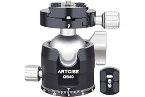 Low Profile Ball Head Tripod Mount Ball Head ARTCISE 40mm Diameter All Metal CNC Machining Tripod Head with Two 1/4" Quick Release Plates for Tripod, Monopod, DSLR, Camcorder, Max Load 44lbs /20kg