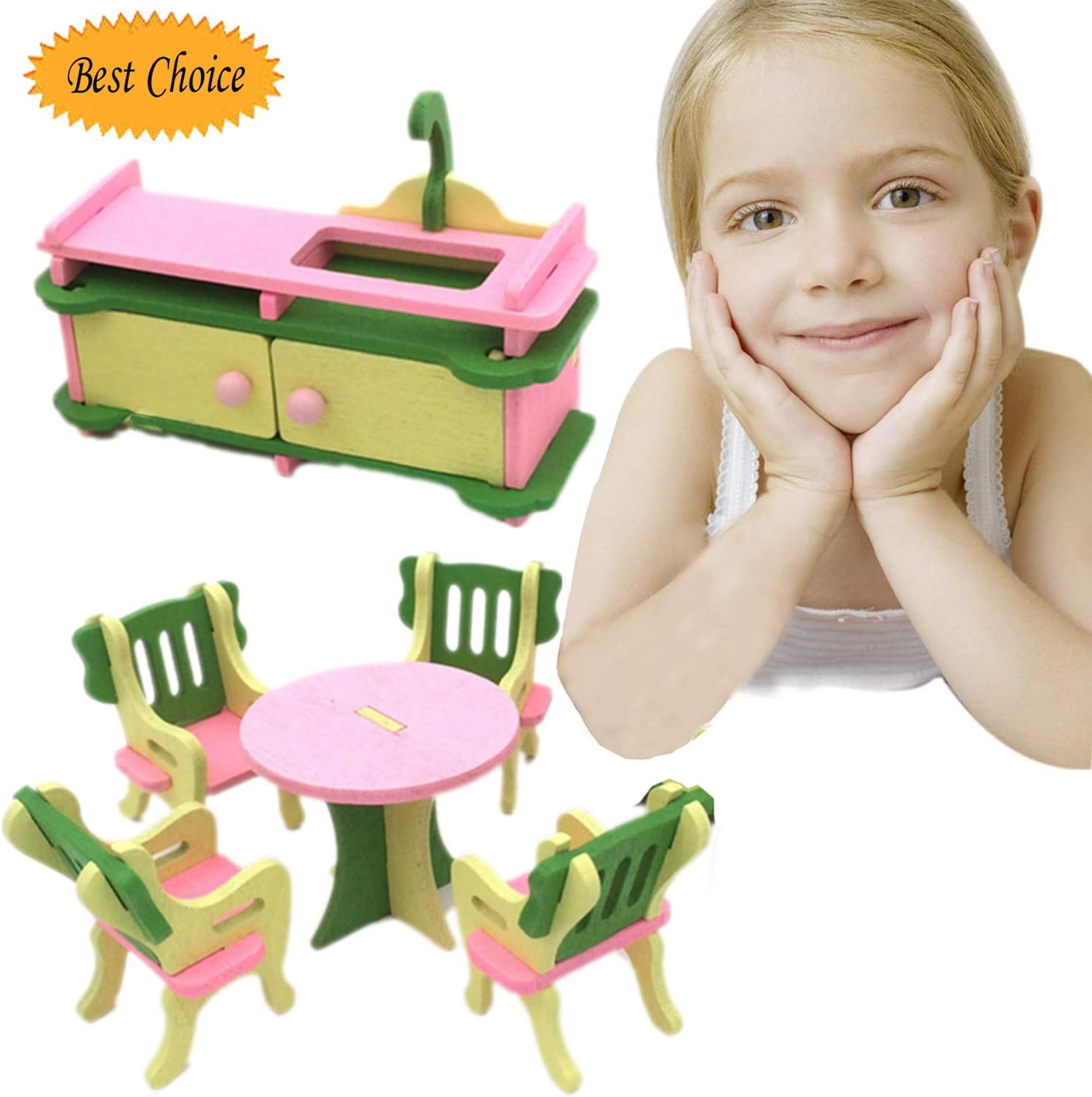 bluesees Dolls House Furniture Kitchen Table Chair Wooden Furniture Set Wooden Puzzle Dollhouse Toy Set For Children's Day Gift Wooden Pretend Play Children Kids Gift