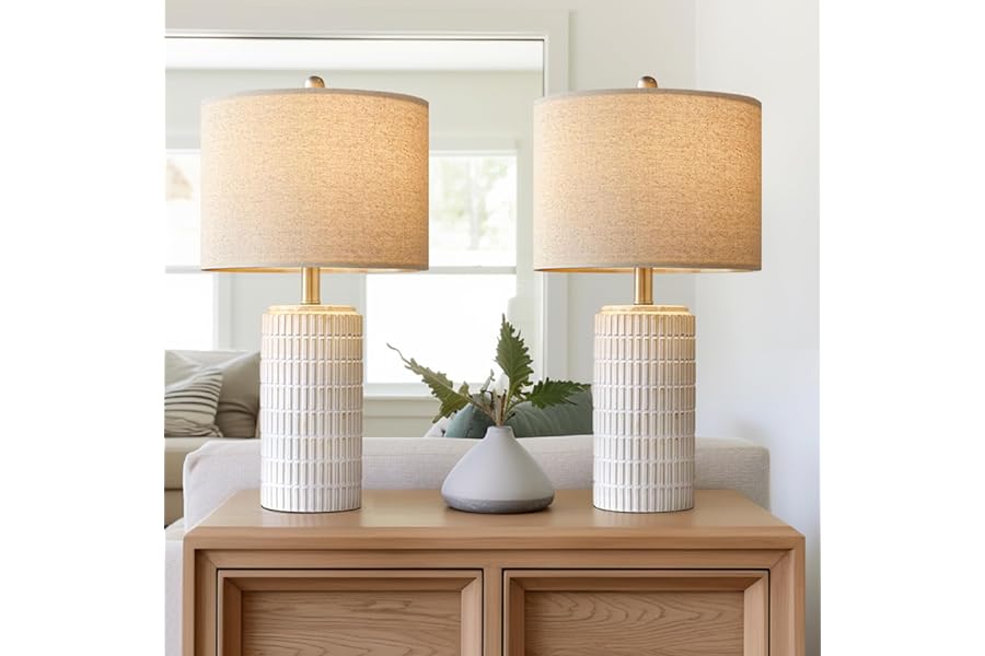 PoKat 23" Modern Ceramic Table Lamp Set of 2 for Living Room White Desk Lamps for Bedroom Farmhouse Bedside Nightstand Lamp H