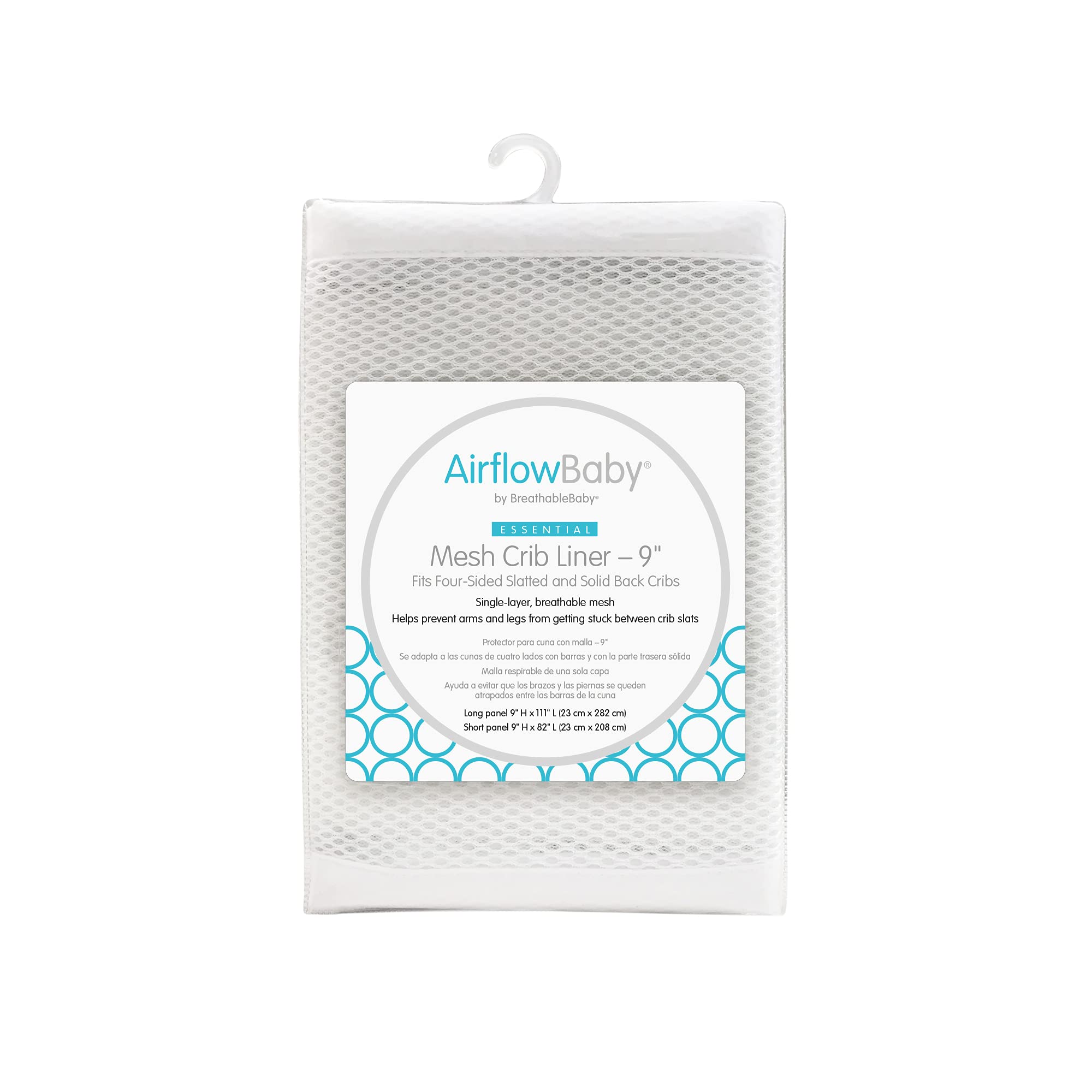 AirflowBaby Breathable Mesh Liner for Full-Size Cribs, 9"H (23cm) Essential 2mm Mesh, White (Size 4FS Covers 3 or 4 Sides)
