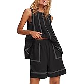 Nirovien Womens Short Sets 2 Piece Vacation Outfits Sleeveless Tank Top and Shorts Matching Set with Pockets