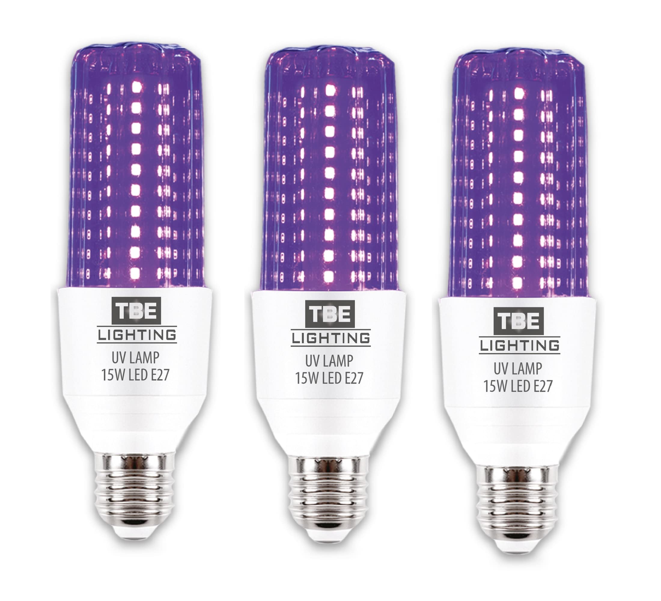 TBE LIGHTING UV LED Bulb - 15w Ultra Violet Black Light Bulbs - 3 Pack - E27 Standard Screw Fitting - 395-400nm wavelength, Energy Saving Long Life LED Bulb - 20,000Hrs Life Expectancy