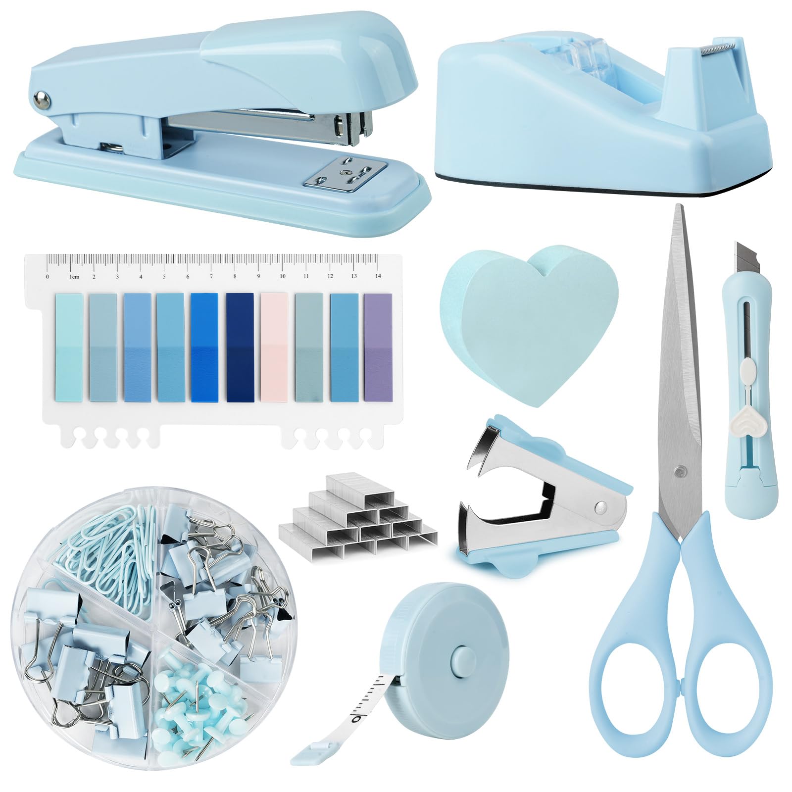 OFFCUP Desk Accessories Set, Office Supplies Kit, Includes Stapler, Tape Dispenser, Staple Remover, Staples, Clips, Scissor, Box Cutter, Tape Measure and Sticky Notes Students, Coworkers (Blue)