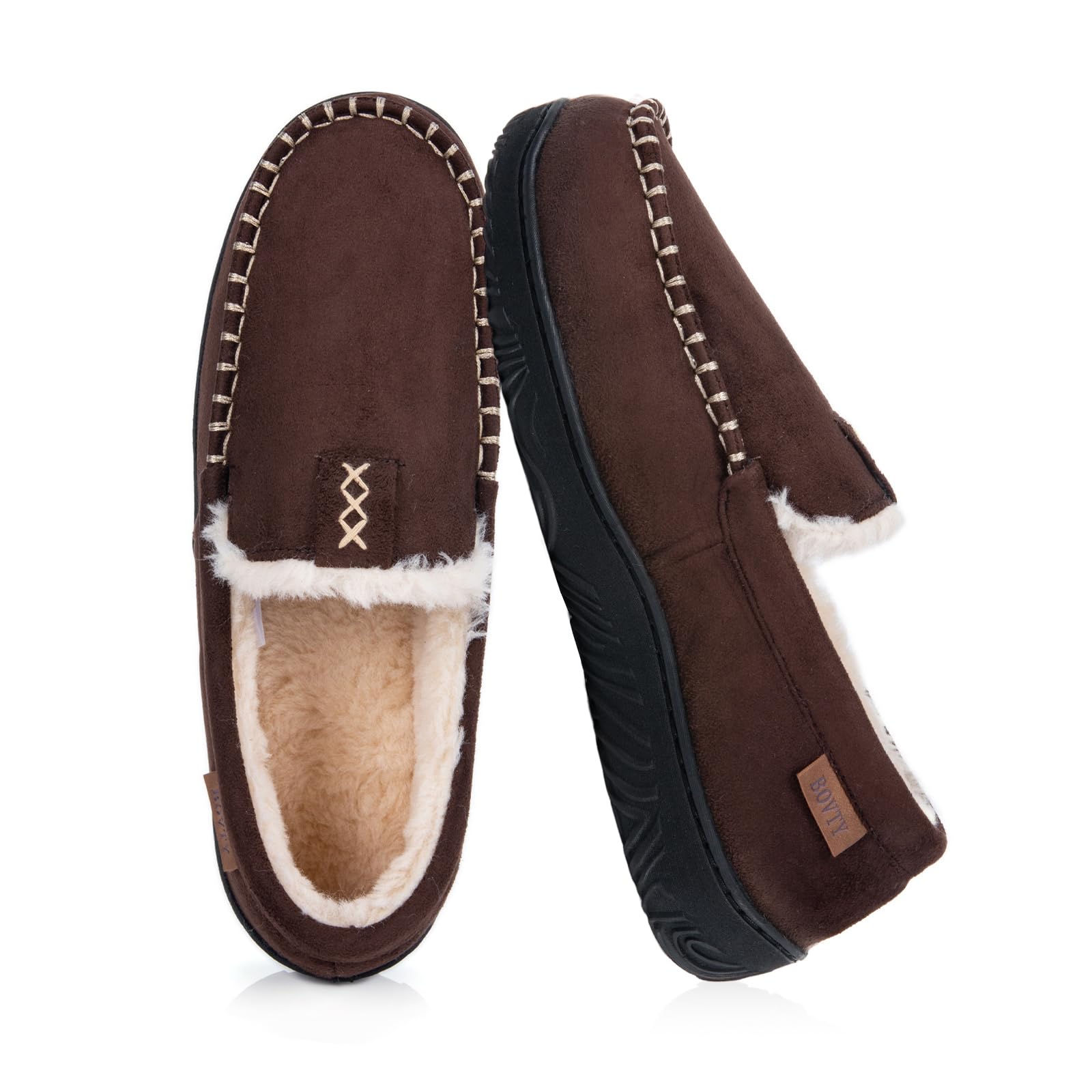 BOVTY House Slippers for Men Moccasins - Memory Foam&Warm Plush Indoor Outdoor Slip-on Loafers Brown