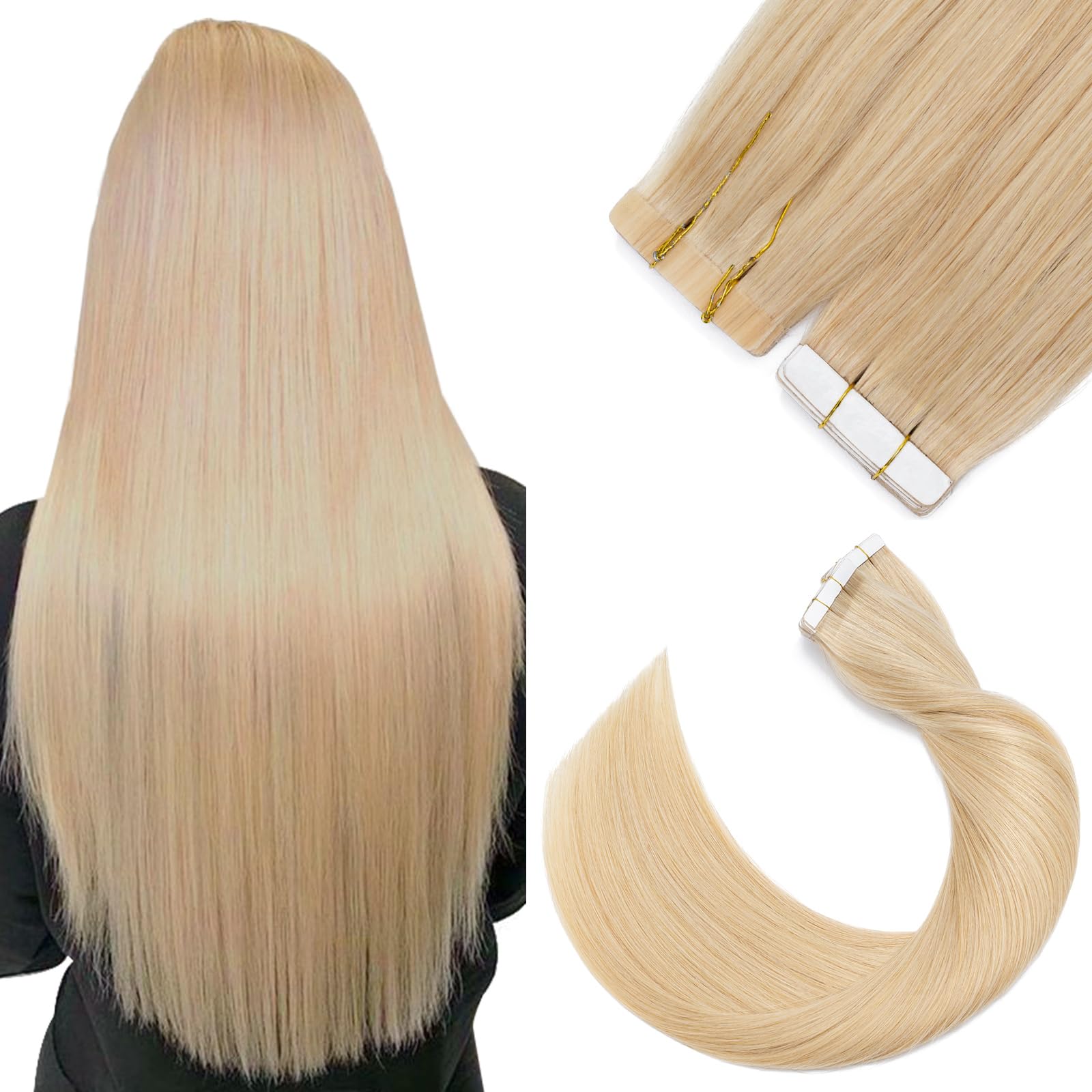 Silk-co 20Pcs Tape in Hair Extensions Human Hair #24 Natural Blonde 100% Remy Real Hair Extension Skin Weft 24"-50g Seamless Soft Silky Straight