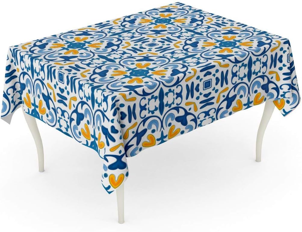 Tarolo Rectangle Tablecloth 52 x 70 Inch Yellow Pattern in Blue and Orange Like Portuguese Tiles Spanish Moroccan Abstract Arabesque Table Cloth