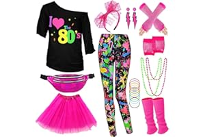80s Outfit Accessories for Women,Yoga Pants Lips Print T-Shirt Tutu Fanny Pack 1980s Costume Retro Cosplay Theme Party