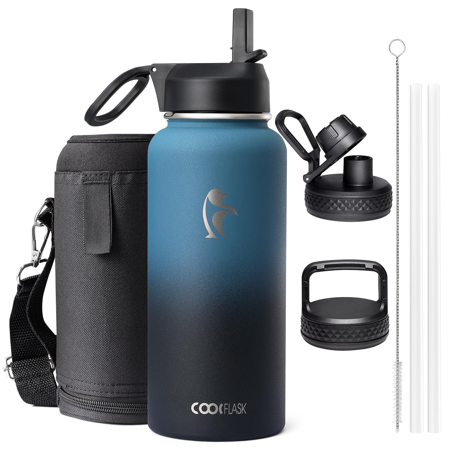 Coolflask Insulated Water Bottle 1L, Stainless Steel Insulated Water Bottle with Straw & 3 Lids, Double Vacuum Leak Proof Cold and Hot Water Bottle, Sturdiness and Easy to Clean, Indigo Black