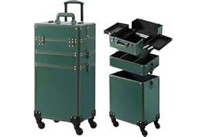 Somduy Makeup Train Case, Rolling Makeup Case, 3 in 1 Cosmetology Case on Wheels, Christmas Gift, Large Makeup Case Organizers, Profesional Cosmetic Case for Salon Barber, Green
