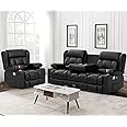 Dresegmt Loveseat Recliner Sofa Set, Flip Middle Backrest Design PU Leather 3 Seater Reclining Sofa and Single Oversized Recliner Chair, Manual Couches for Living Room (Black, PU 3+1)