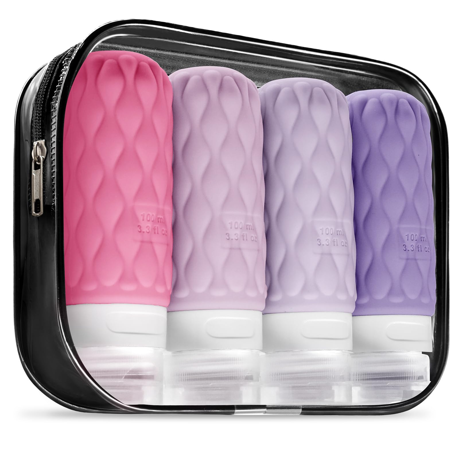 Lericttor 100ml Silicone Travel Bottles for Toiletries with Labels/Clear Bag, Holiday Travel Essentials Leakproof Refillable Squeeze Travel Size Containers Set for Shampoo and Conditioner