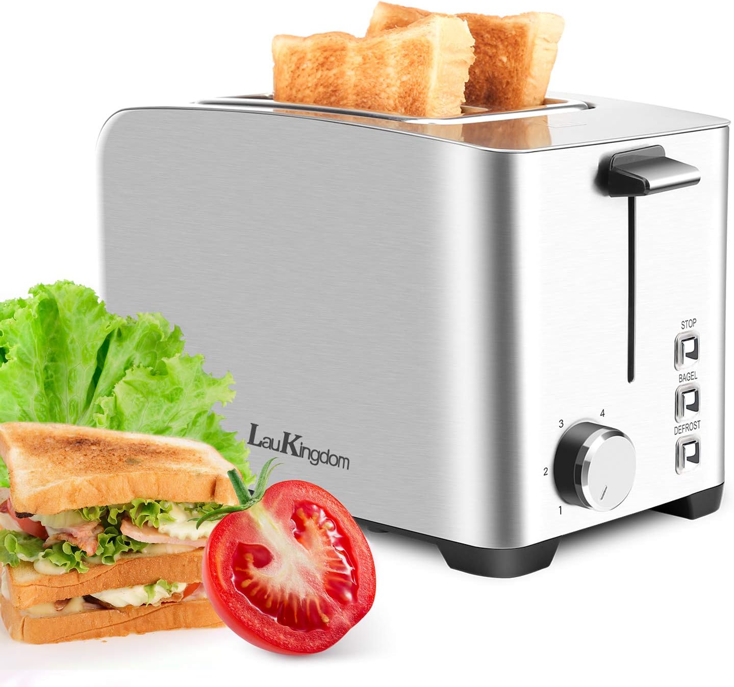 2 Slice Toaster,LauKingdom 1.57" Extra Wide Slot Toaster with 6 Bread Shade Settings,Bagel/Defrost/Stop Function,750W, Silver