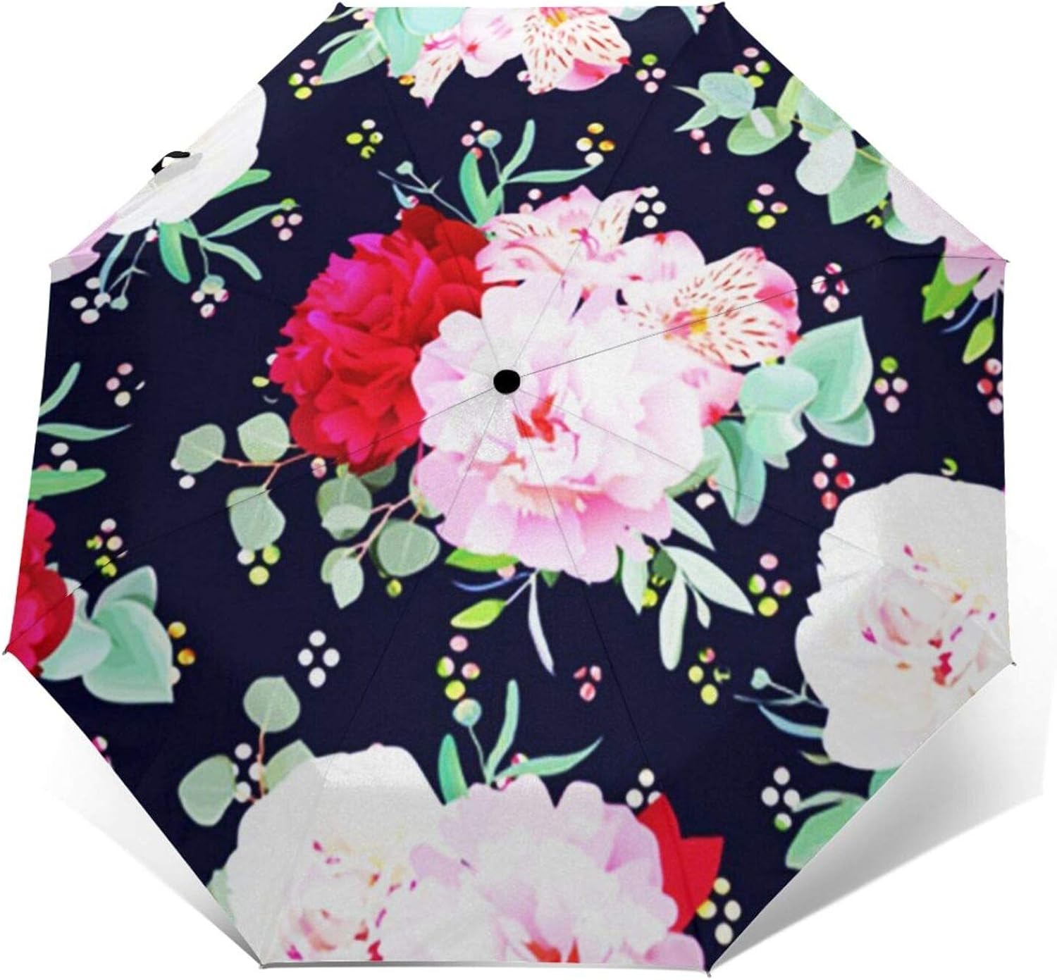 Windproof Travel Folding Umbrella Automatic Navy Floral Burgundy Red