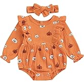 Afunbaby Fall Baby Girl Clothes Pumpkin Long Sleeve Bubble Romper Ruffle Bodysuit Jumpsuit Halloween Outfit with Headband