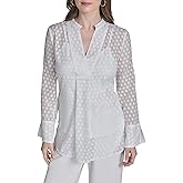 H Halston Womens Long Sleeve V-Neck Dotted Chiffon Top