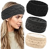 AMCAMI Ear Warmer Headbands for Women,3 Pack Fuzzy Winter Headbands for Women,Fleece Lined Knitted Headband, Warm Winter Accessories Gifts