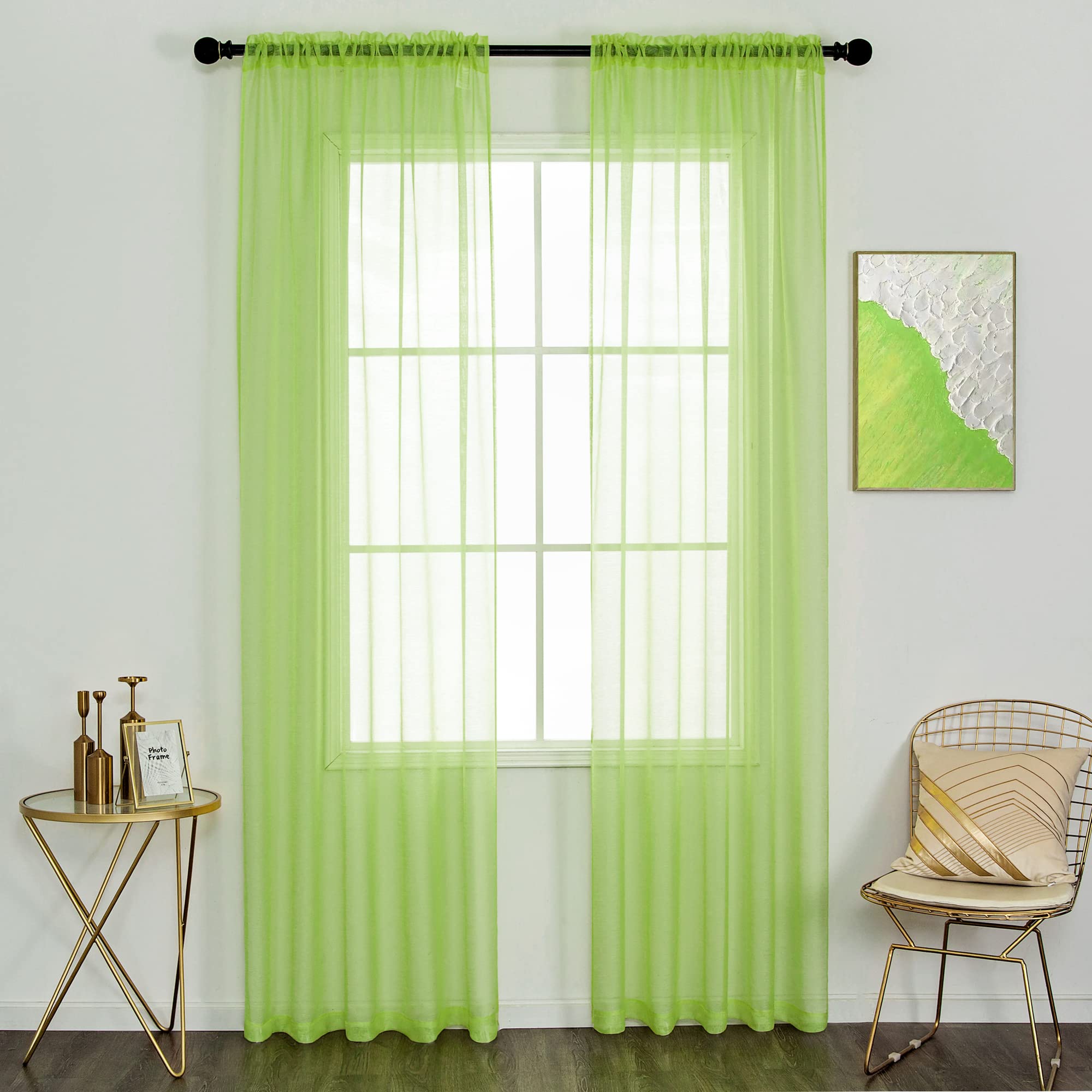 DUALIFE Light Green Sheer Curtains for Living Room Lime Green 84 Inches Long Sheer Window Drapes/Panels Voile for Living Room Light Filtering 52 W x 84 L Set of 2 Panels Rod Pocket