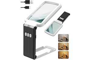 10X Magnifying Glass with Light and Stand, Rechargeable Folding Handheld Real Glass Magnifier, 3 Color Modes Dimmable Lighted