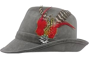 ESSENCE OF EUROPE GIFTS OktoberfestHaus | German Hunter Hat Faux Leather Fedora with Metal Edelweiss Pin & Feather, Oktoberfest Costume Accessories, German Oktoberfest hat for Men & Women, 100% Polyester | Grey