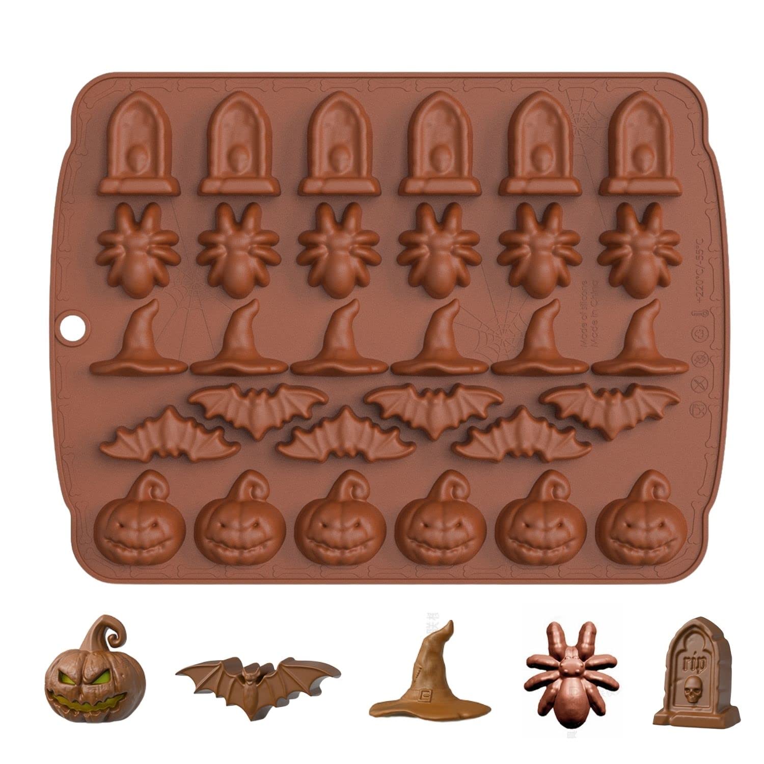 Halloween Silicone Mold,1 Pack 30-Cavity Halloween Chocolate Mold Candy Mould Pumpkin Bat Spider Hat Tombstone Shape Mold for Chocolate,Candy,Jelly DIY