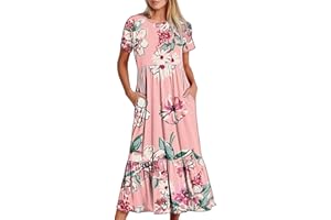LEHOZIHEQ Summer Dress for Womens Short Sleeve Long Maxi Dress Plus Size Boho Floral Print Dresses with Pockets