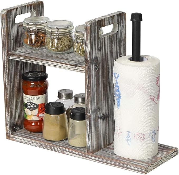 OROPY 2-Etagen Gewürzregal mit Küchenrollenhalter, aus Tannenholzbrett