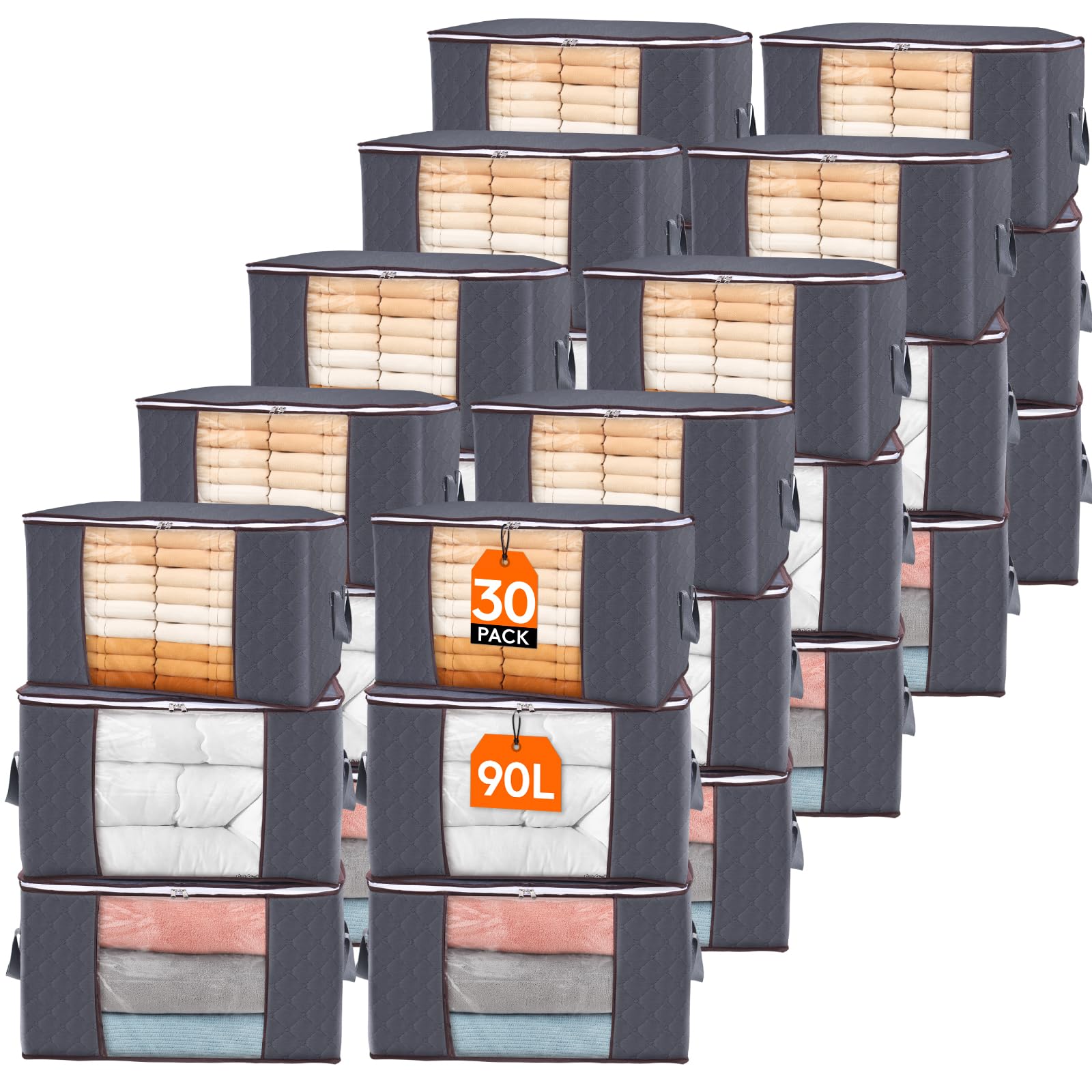 Lifewit 30 Pack 90L Clothes Storage Bins with Lids, Foldable Blanket Storage Bags with Zippers, Clear Window and Reinforced Handles, Closet and Organization for Clothing, Sweater, Comforter, Bedding Image