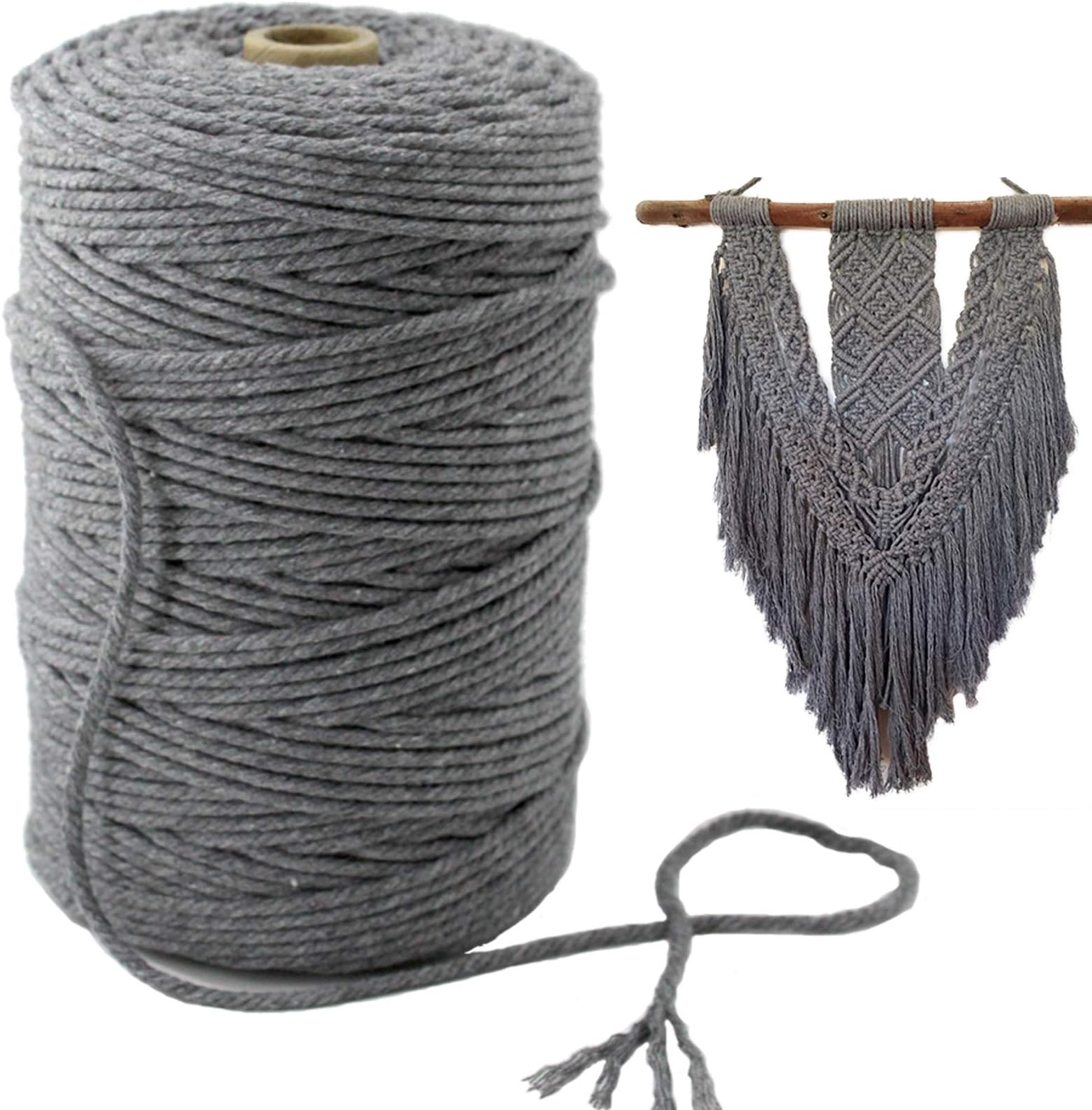 MygogoMacrame Cord 3mm x 219Yards (About 200m,656feet) Dark Gray Colored Cotton Macrame Rope 4 Strand Twisted Soft Cotton Cord for Handmade Wall Hanging Plant Hanger Craft Making DIY Knotting