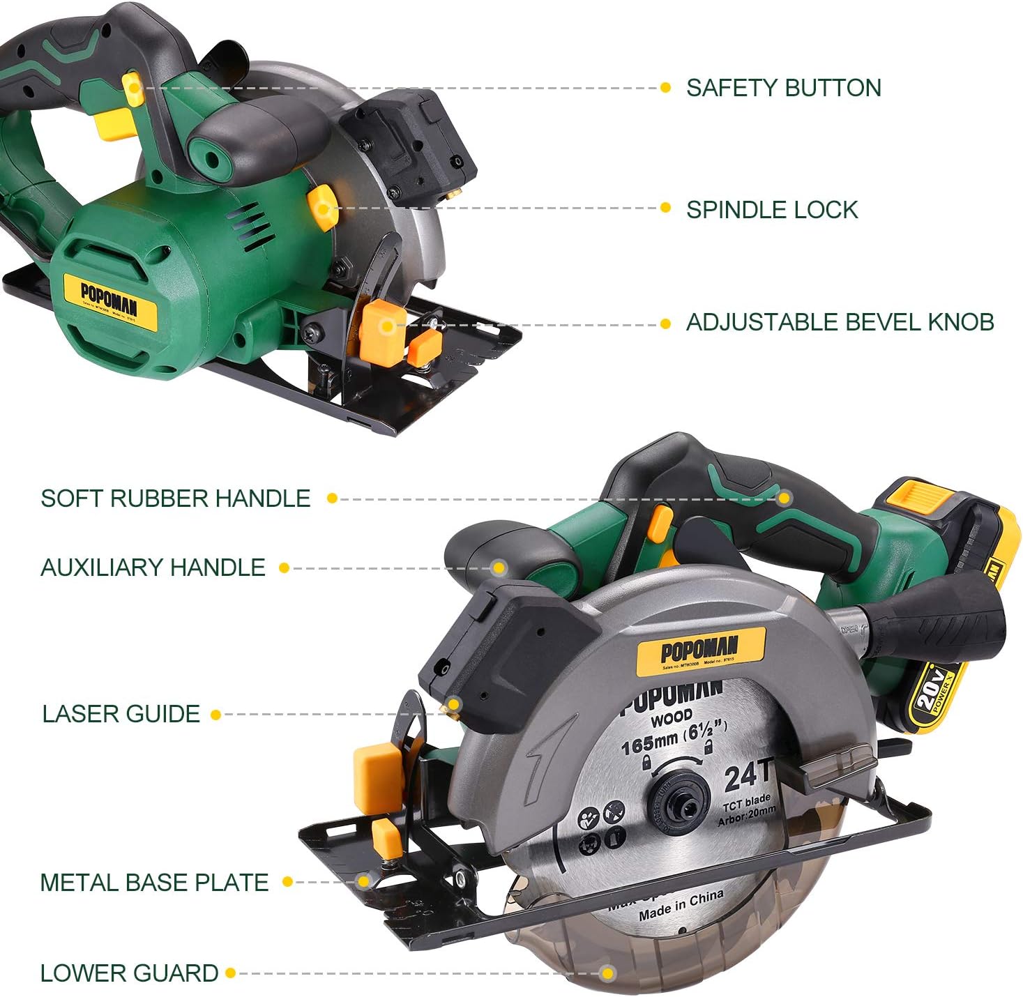 POPOMAN Cordless Circular Saw, 4300 RPM, 20V 4.0Ah Battery, Fast Charger, 2 x Blade(6-1/2"), Adjustable Cutting Depth 2-1/16"(90°), 1-3/8"(45°), Laser & Base Plate Adjustable - MTW300B - - 