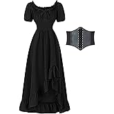 YEAXLUD Renaissance Costume Women Milkmaid Corset Western Fairy Cottage Core Ren Faire Victorian Dress Off the Shoulder High Low Vintage Peasant Medieval Chemise Dresses(Black,M)