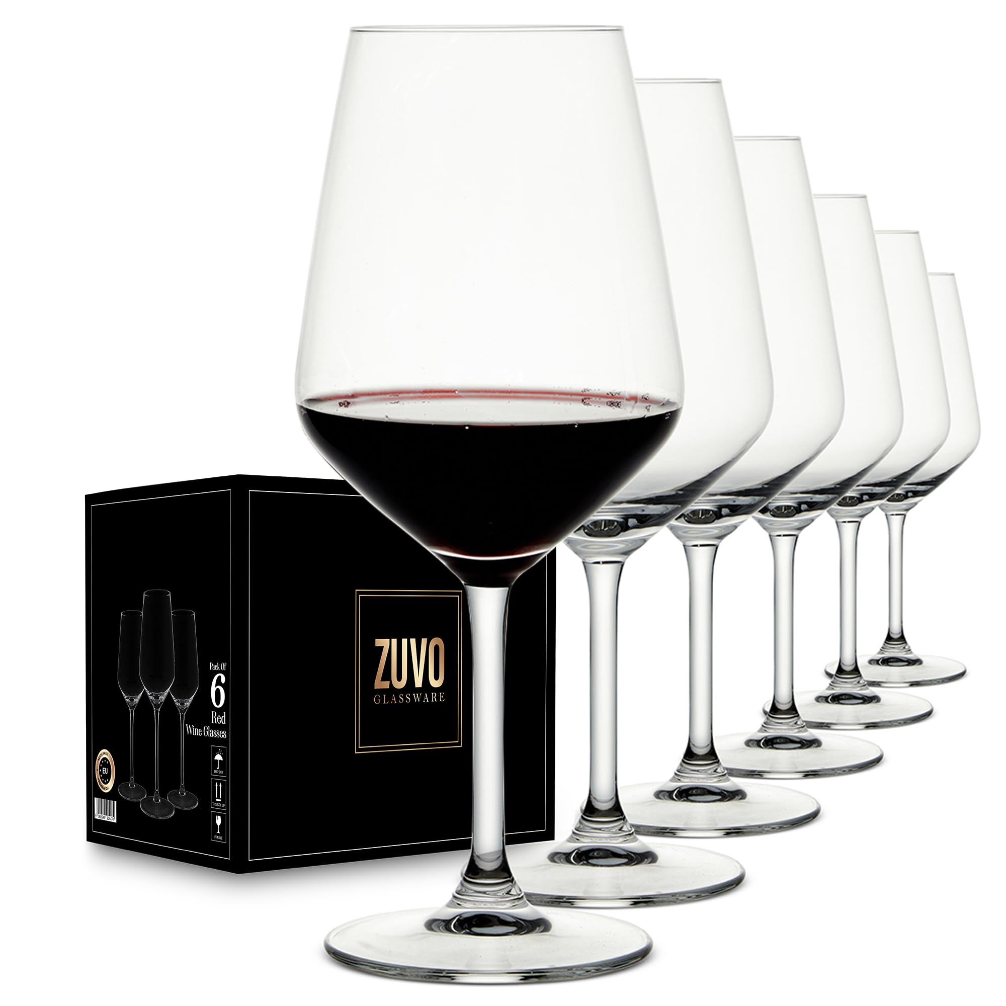 Zuvo Red Wine Glasses Set of 6 (37cl) – Italian-Style Crystal Glassware with Long Stem – Elegant, Dishwasher Safe, Durable