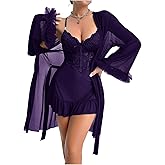 SHENHE Women's Sexy Lingerie Lace Babydoll Nightgown with Long Sleeve Robe Set Nightwear