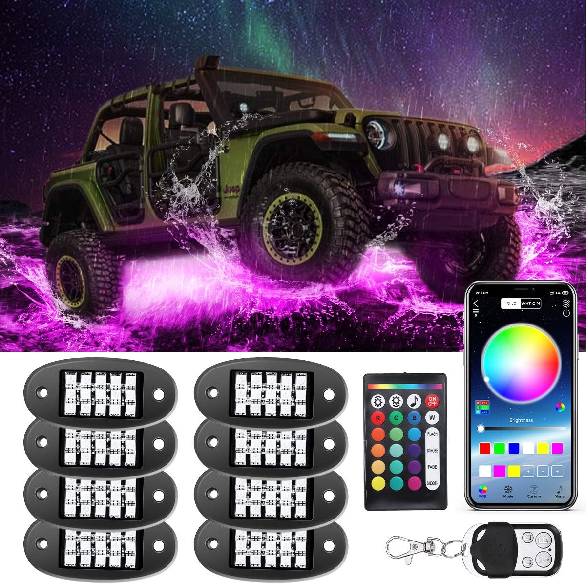 AMBOTHER LED RGB Rock Lights 120 LEDs 8 Pods Underglow APP Multicolor Music Sync Waterproof Neon with 24 Key 4 Key Remote Controller Exterior Under Glow Light for Trucks Car Off Road: Automotive