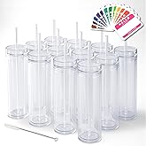 STRATA CUPS 12 Clear Skinny Tumblers with Lids and Straws | 16oz Reusable Cup Double-Wall Clear Tumbler with Lid and Straw, Durable Acrylic Tumblers With FREE Straw Cleaner & Name Tags