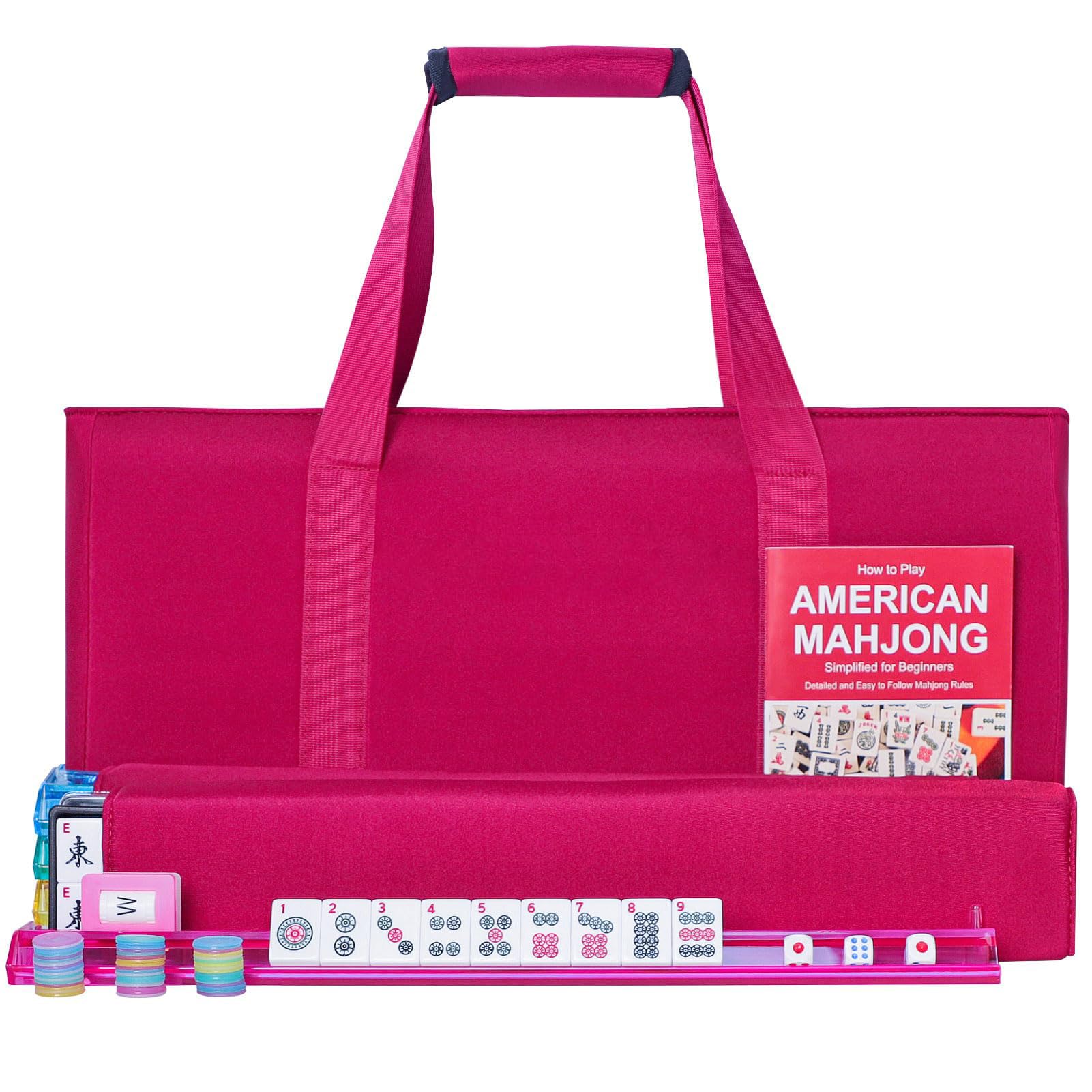 GUSTARIA American Mahjong Tile Set, 166 Premium White Tiles, 4 All-in-One Color Rack/Pushers, Complete Mahjong Tiles Set Red Carrying Bag