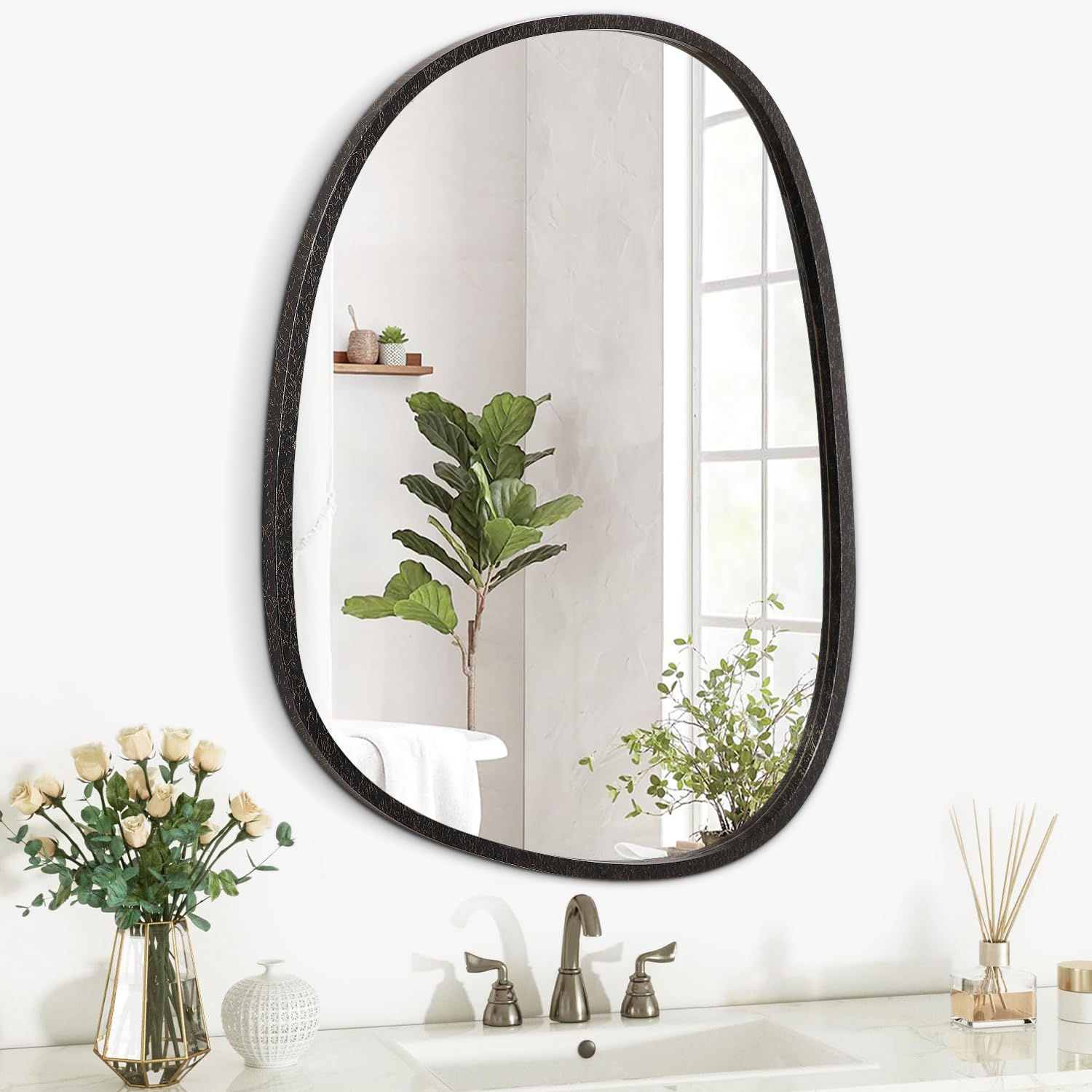 Lzuso Irregular Mirror with Wood Frame Asymmetrical Oval Mirrors for Wall Modern Unique Hanging Artistic Decorative Mirror for Bedroom Bathroom Living Room Entryway Hallways