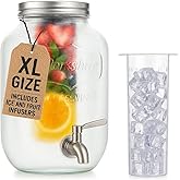 2 Gallon Extra Large Iced Beverage Dispenser with Ice & Fruit Infusers – Glass Mason Jar Drink & Beverage Container with Stainless Spigot