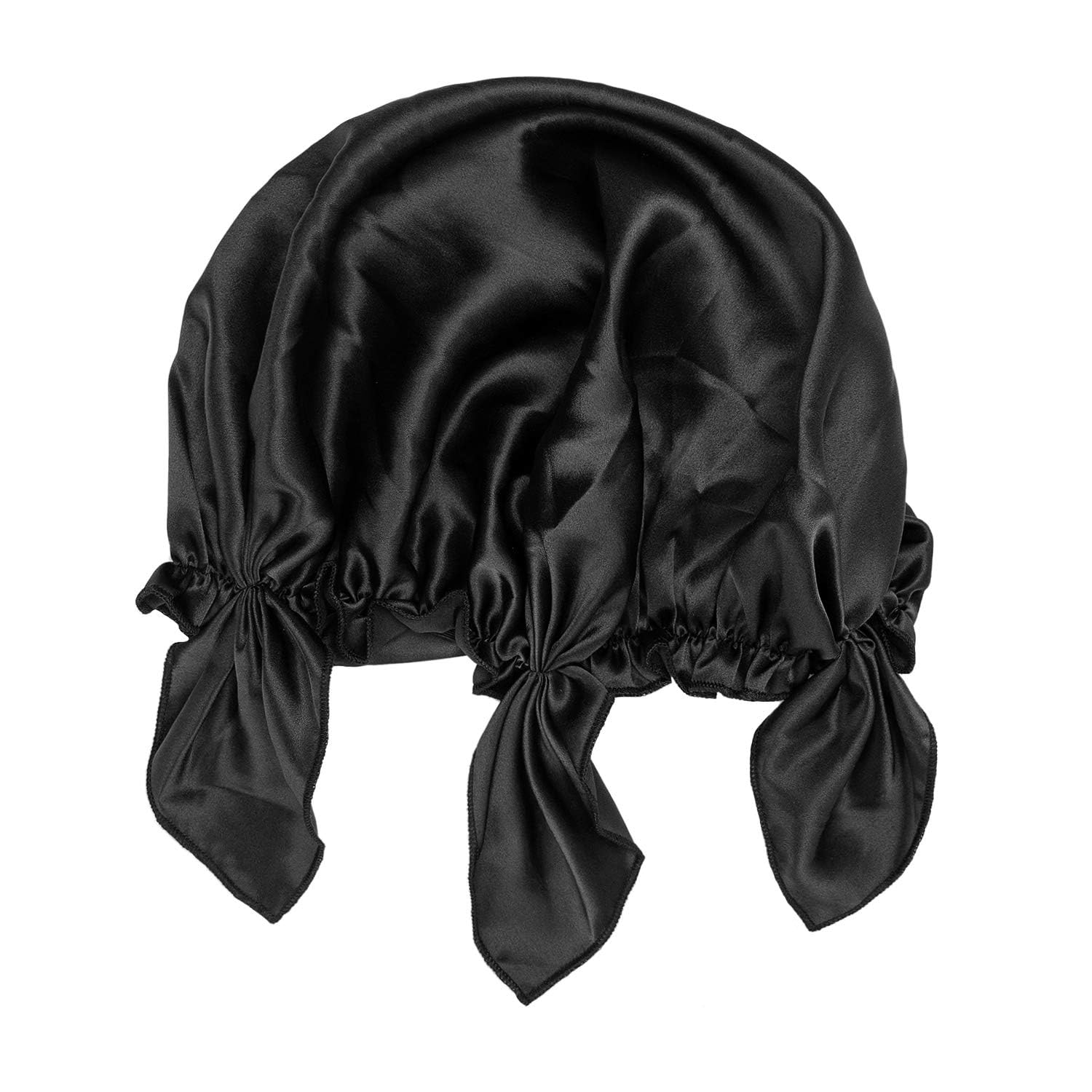 TRHDFW Mulberry Silk Night Sleep Cap Bonnet for Hair Loss, Women Silk Hair Wrap 19 Momme Soft with Adjustable Elastic Ribbon Black