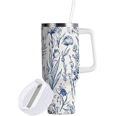 40 oz Tumbler with Straw & Handle - 2 in 1 Lids Leak Proof Tumblers - Large Insulated Stainless Steel Cup - BPA-Free Water Bottle Travel Metal Mug for Women Man,Country Botanical Floral Blue White