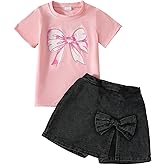 Azmxynol Kid Girls Clothes Outfits Cute Sweet Bowknot Print T-Shirt + Bowknot 2 In 1 Denim Short Summer Clothing Set