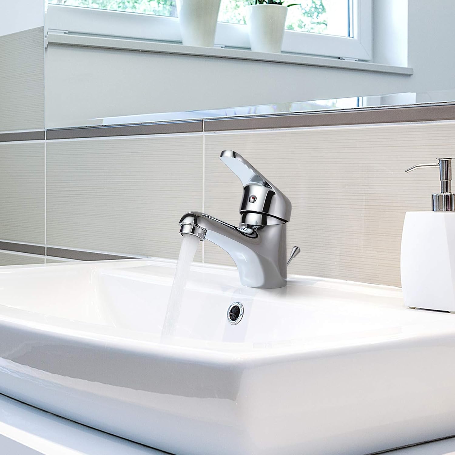 Auralum Waterfall Bathroom Tap with Pull Rod, Single Lever Basin Mixer Tap with Drain Fitting, Chrome Single Lever Mixer Tap Bathroom Mixer Tap for Bathroom - Image 3