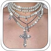 Gangel Pearl Strand Necklace for Women Layered Pearls Necklaces Gothic Cross Choker Costume Party Jewelry